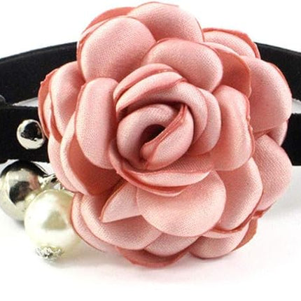 Everflowering Rose Flower Cat Dog Collar Bow Tie - Suede Puppy Necklace with Bell - Chihuahua Yorkie Girl Clothes Costume Outfits Accessory, Adjustable and Handmade (Pink, Size S)