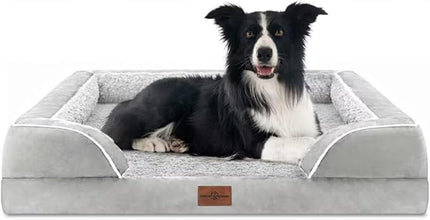 Comfort Expression Orthopedic Dog Bed for Large Dogs 38x25 Inch, Waterproof Egg Crate Foam Large Pet Bed with Removable Bolsters, Dog Couch with Washable Cover & Non-Slip Bottom, Grey White