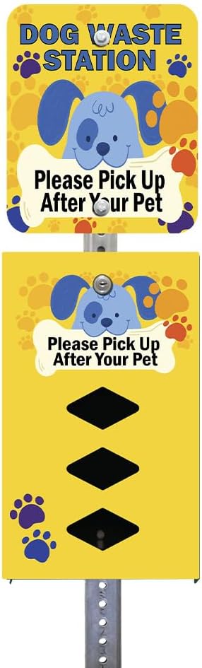 Dispense-Art™ Collection Cartoon Dogs - Custom UV Printed Design on Rust-Proof Aluminum 7' Dog Waste Station with 400 Dog Waste roll Bags - Over 500k Stations Sold in US