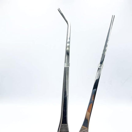 2PCS Aquarium Tweezers Stainless Steel Straight and Curved Tweezers Set Long Handle Reptile Feeding Tongs for Aquatic Plants Lizards Spider Snakes Garden Repairing - 10.6inch, Silver
