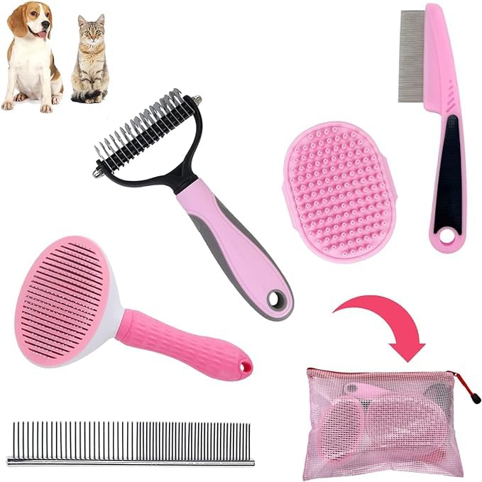 Cat and Dog Brushes for Grooming – Pet Grooming Kit with Brushes – At-Home Grooming Supplies with Dematting Comb, Slicker Brush, Dog Bath Brush (Pink)