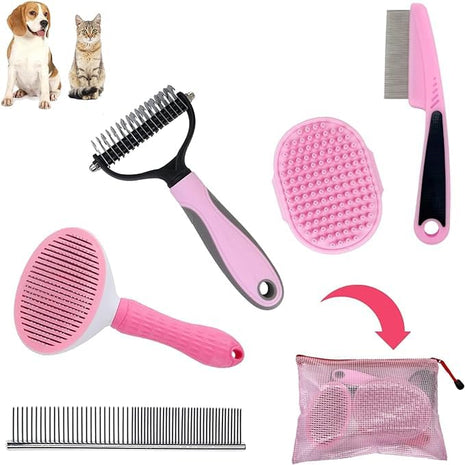 Cat and Dog Brushes for Grooming – Pet Grooming Kit with Brushes – At-Home Grooming Supplies with Dematting Comb, Slicker Brush, Dog Bath Brush (Pink)