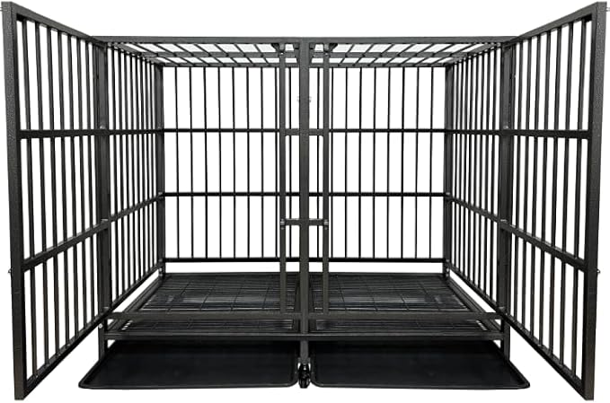 54 Heavy Duty Indestructible and Escape-Proof Dog Crate Cage Kennel with Divider for 2 Large Dogs, High Anxiety Dog Crate with Removable Wires Trays and Wheels, Extra Large XL XXL