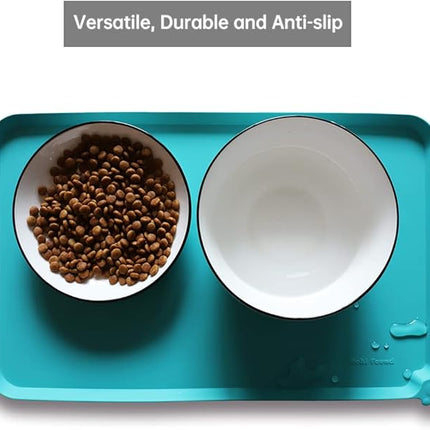 Hoki Found Silicone Non Slip Pet Feeding Mats - Dog Cat Bowl Placemats - Waterproof Food Mats for Floors - Teal