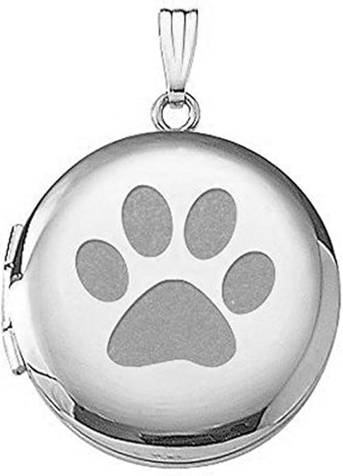 PicturesOnGold.com Sterling Silver Dogs Paw Print Round Picture Locket - 3/4 Inch X 3/4 Inch and 1 Inch X 1 Inch