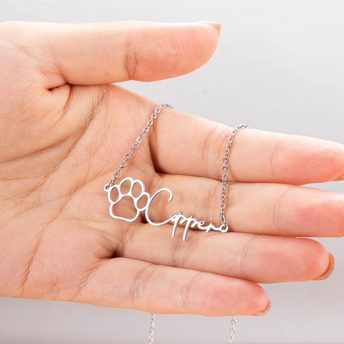 AILIN Custom Dainty Name Necklace Stainess Steel Memorial Pet Necklace For Women Personalized Dog Paw Print Pendant Necklace Anniversary Birthday Gift for Pet Loss Lovers
