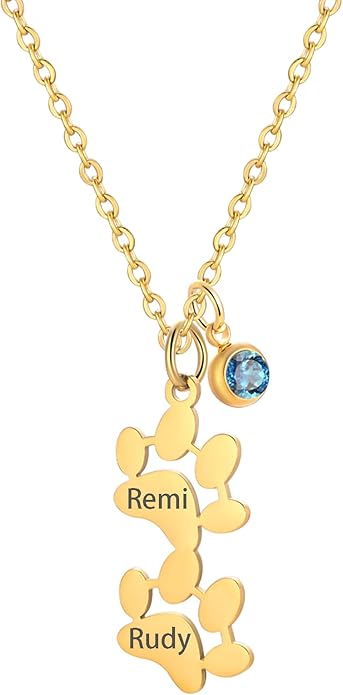 MeiceM Personalized Memorial Necklace,Custom engraving Pet Name pendant,Paw print necklace for women,Paw Print Pendant with Birthstone,Dog cat Loss Keepsake Jewelry (2 Paw Prints)