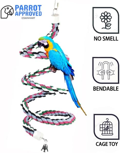 94.4inch Length Colorful Cotton Bendable Rope Perch Swing Bird Chew Toys Amazon Parrots Cage Toys with Bell Swing Climbing Standing Bungee Bird Toys for Regular to Big Size Birds