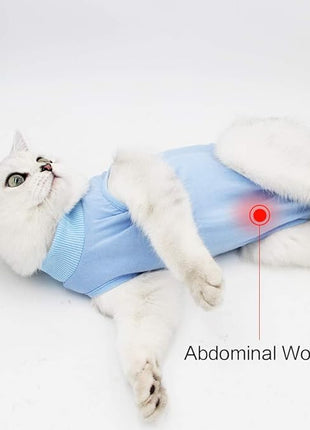 Cat Recovery Suit for Male and Female Surgical Post Surgery Soft Cone Onesie Shirt Clothes Neuter Licking Protective Diapers Outfit Cover Kitten Spay Collar(L, Blue)