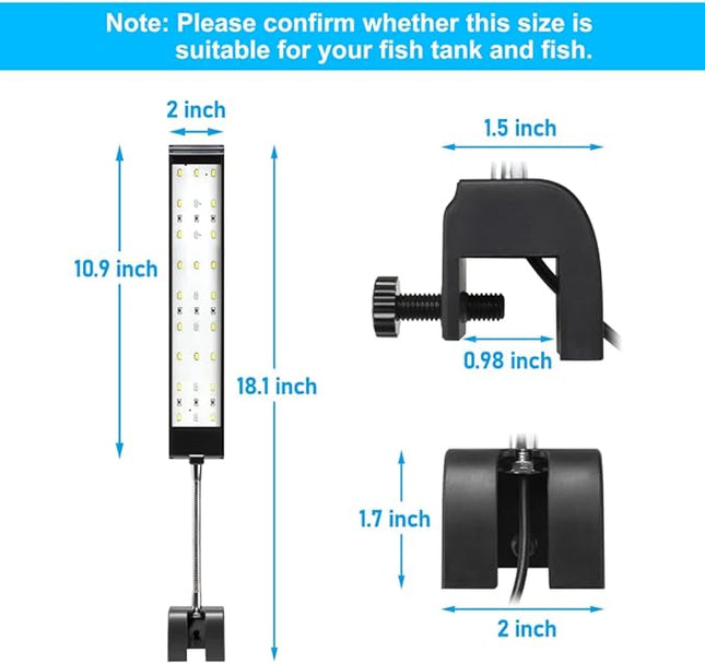 Aquarium Light Small LED Clip Light for Fish Tank 10W with Timer&Dimmer, 1 Yr Warranty