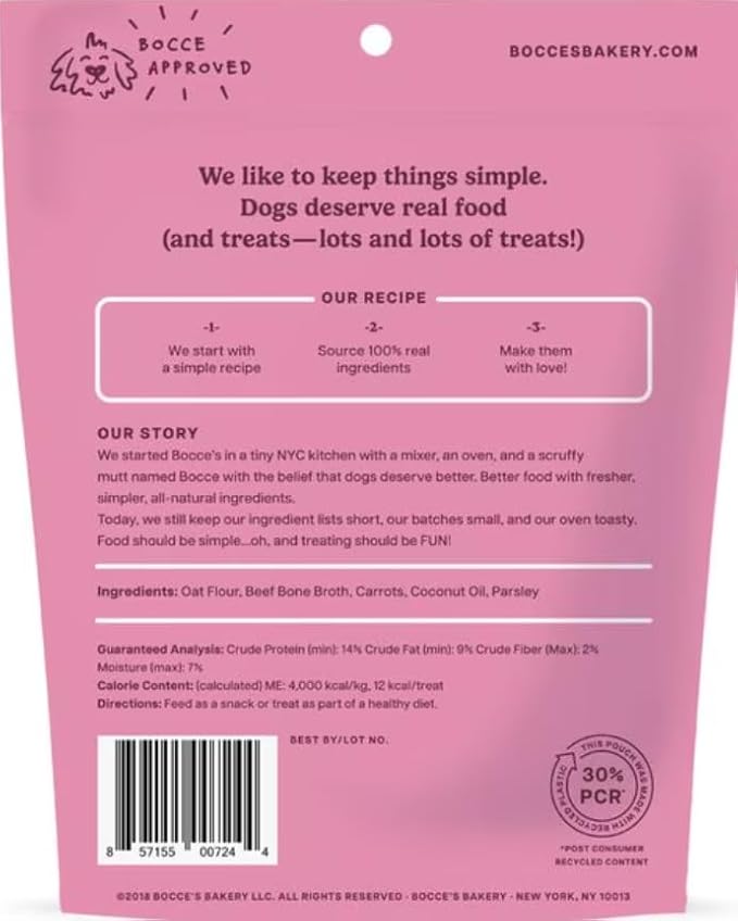 Bocce's Bakery Oven Baked Bone Broth Treats for Dogs, Wheat-Free Everyday Dog Treats, Made with Real Ingredients, Baked in The USA, All-Natural Biscuits, Beef Bone Broth, Carrots, & Parsley, 5 oz