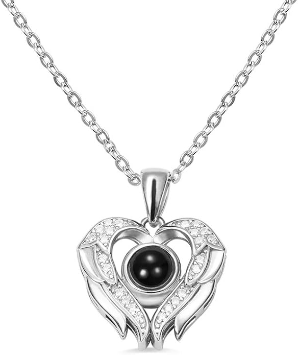AILIN Custom I Love You Necklace 100 Languages 925 Sterling Silver Angel Wings Personalized Photo Projection Necklaces Heart Pendant Gifts For Women Her Girlfriends