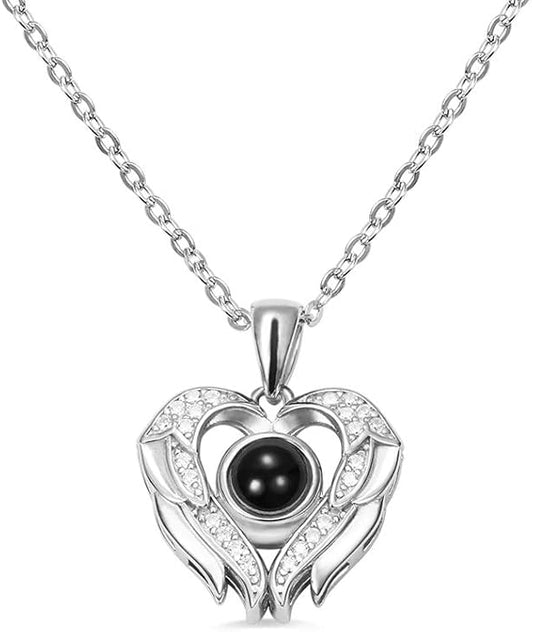 AILIN Custom I Love You Necklace 100 Languages 925 Sterling Silver Angel Wings Personalized Photo Projection Necklaces Heart Pendant Gifts For Women Her Girlfriends