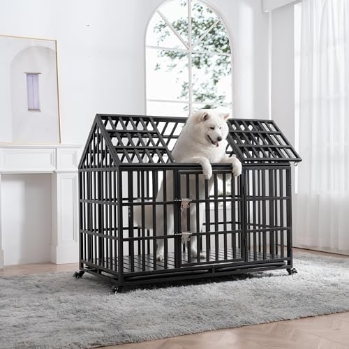52 Inch Heavy Duty Dog Crate Indestructible and Escape-Proof Dog Crate Cage Kennel for Large/Medium Dogs Extra Large XL XXL with Wheels Removable Tray Double Door