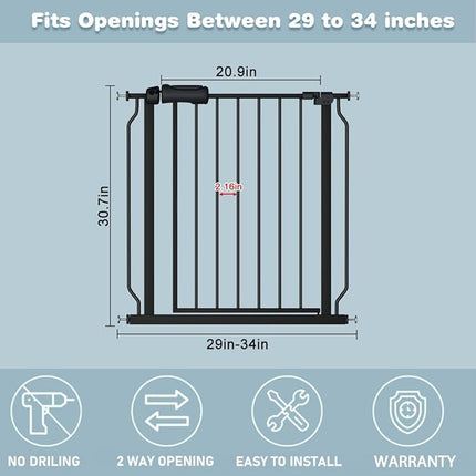 Black Baby Gate 29-34 Inch Wide Walk Through Pressure Mounted Safety Gate with Door No Drill Tension Metal Gate for Dog Cat and Toddler