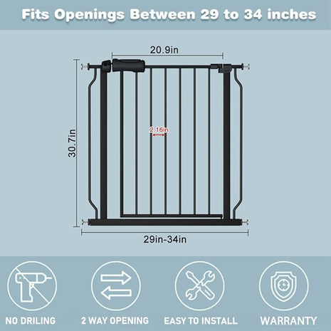 Black Baby Gate 29-34 Inch Wide Walk Through Pressure Mounted Safety Gate with Door No Drill Tension Metal Gate for Dog Cat and Toddler