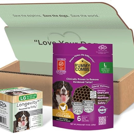 Longevity15 C15:0 Dog Health Supplement (30-Day Supply) & Yummy Combs Dog Dental Treats (8oz Bag) for Large Dogs – C15:0 Fatty Acid for Daily Wellness, Food Topper – VOHC Approved Oral Care Treat