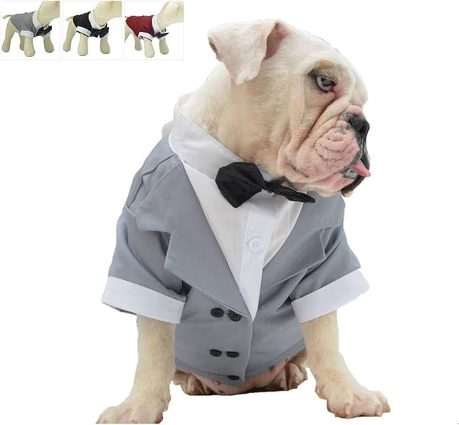 Lovelonglong Bulldog Costume Dog Suit Formal Tuxedo with Black Bow Tie Wedding Clothes for Pugs/French Bulldog/English Bulldog/American Pit Bull Gray B-M