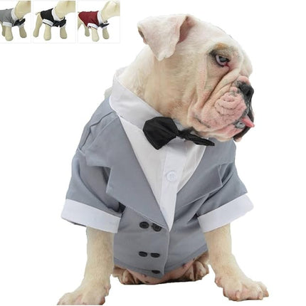 Lovelonglong Bulldog Costume Dog Suit Formal Tuxedo with Black Bow Tie Wedding Clothes for Pugs/French Bulldog/English Bulldog/American Pit Bull Gray B-XL