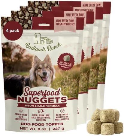 BADLANDS RANCH Superfood Nuggets- Premium, Freeze-Dried raw Dog Food Topper or Treat. Powerful Nutrient-Dense Ingredients. No Artificial additives. Bison and Kale Formula 8oz - 4pk Bundle