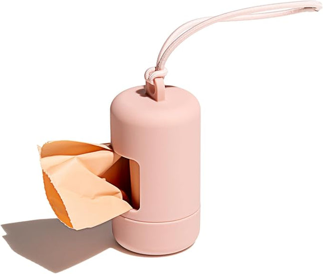 Wild One Dog Poop Bag Holder and Dispenser with Leash Attachment, Leak Proof, Easy Twist Top for Refills, Includes 1 Roll Bags, Blush