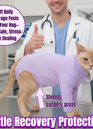 Cat Onesie for Cats After Surgery Male Female, Breathable & Soft Fabric Cats Spay Recovery Suit, Cone Alternative Surgical Suit with Leg Sleeves to Stop Licking, Cat Wound Care Shirt Wear(Purple, M)