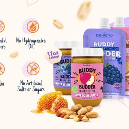 BUDDY BUDDER Bark Bistro Company, Superberry Snoot + Pumpkin Pup, Natural Dog Peanut Butter, Dog Treat, Made in USA (Set of 2, 17oz Jars)