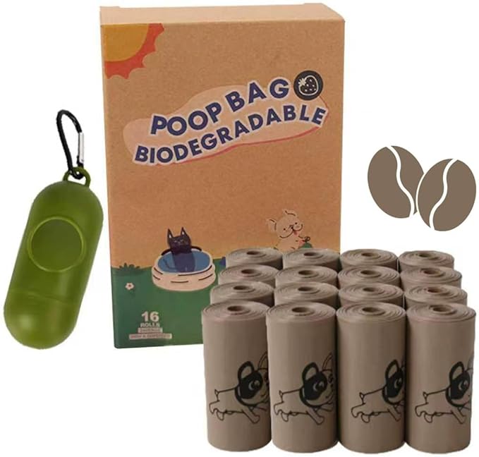 Biodegradable Dog Poop Bags Rolls with Pull-Ring Dispenser - 5 Fresh Scents, Large 9x13 Inch Plant-Based Bags, Leakproof & Easy Tear (Coffee Scent, Brown, 240 Count, 16 Rolls)
