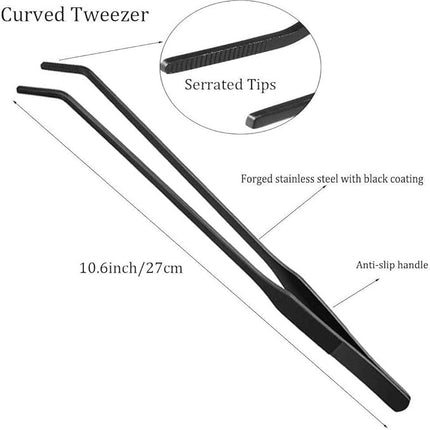 2PCS Aquarium Tweezers Stainless Steel Straight and Curved Tweezers Set Long Handle Reptile Feeding Tongs for Aquatic Plants Lizards Spider Snakes Garden Repairing - 10.6inch, Black