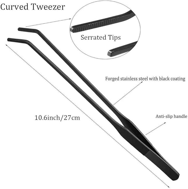 2PCS Aquarium Tweezers Stainless Steel Straight and Curved Tweezers Set Long Handle Reptile Feeding Tongs for Aquatic Plants Lizards Spider Snakes Garden Repairing - 10.6inch, Black