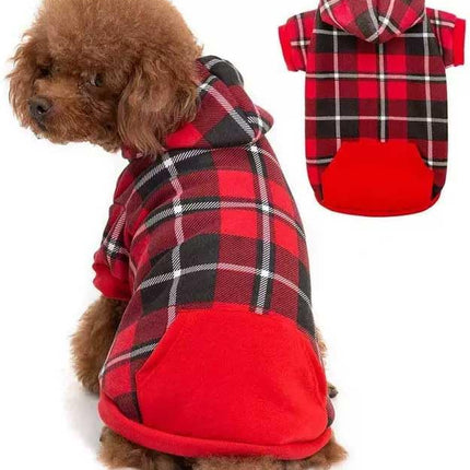 BINGPET Dog Plaid Hoodie - Pocket Design - Dog Fleece Sweater with Hat Pet Winter Clothes Plaid Sweatershirts for Winter