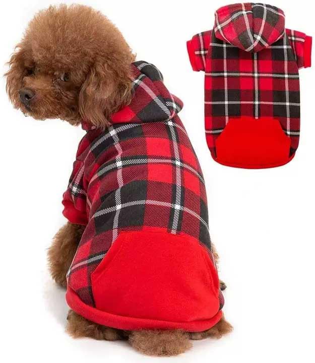 BINGPET Dog Plaid Hoodie - Pocket Design - Dog Fleece Sweater with Hat Pet Winter Clothes Plaid Sweatershirts for Winter