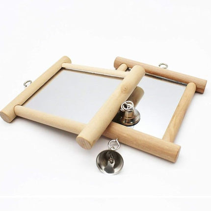 Bird Mirror Wooden Hanging Swing Interactive Play Toys for Small Parrot Budgies Macaw African Grey Parakeet Cockatiel Conure Lovebird Cage Accessories (Bird Mirror with Bell-2 PCS)