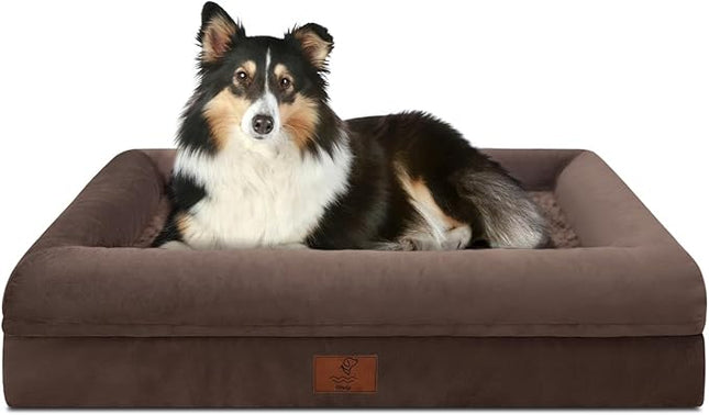 Large Orthopedic Dog Bed for Large Dogs, Waterproof Dog Bed with Removable Cover, 4-Sides Removable Bolster Dog Soft Sofa Bed with Non-Slip Bottom, Brown