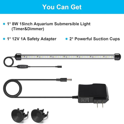 8W 15inch Submersible Aquarium Light Underwater Fish Tank Light LED Aquarium Light Bar with Timer Auto On/Off and Dimmer Adjustable Brightness, 1 Yr Warranty