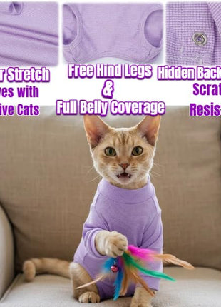 Cat Onesie for Cats After Surgery Male Female, Breathable & Soft Fabric Cats Spay Recovery Suit, Cone Alternative Surgical Suit with Leg Sleeves to Stop Licking, Cat Wound Care Shirt Wear(Purple, M)