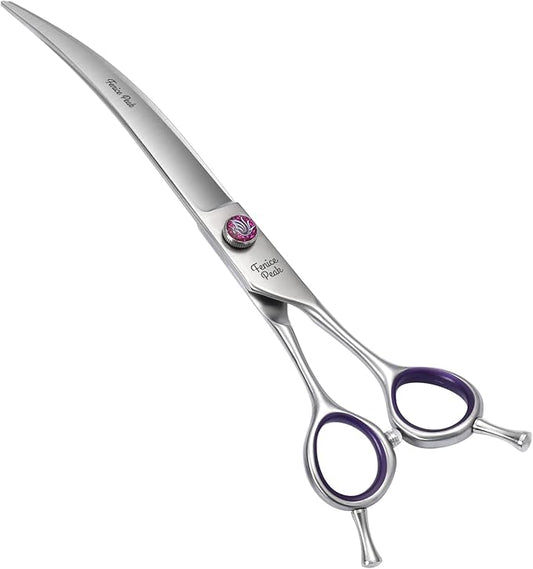 Fenice Peak 7'' Curved Dog Grooming Scissors with decorative screw Professional 440C Stainless Steel Metallic Pet Trimming Shears with Offset Handle Durable and Sharp