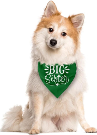 Big Sister Dog Bandana, Green, Triangle, 25 x 17 Inches, Flannel, Comfortable, Water Resistant, Geometric Pattern, Baby Shower, Unisex, Medium Dog Size, V-Neck, Machine Washable