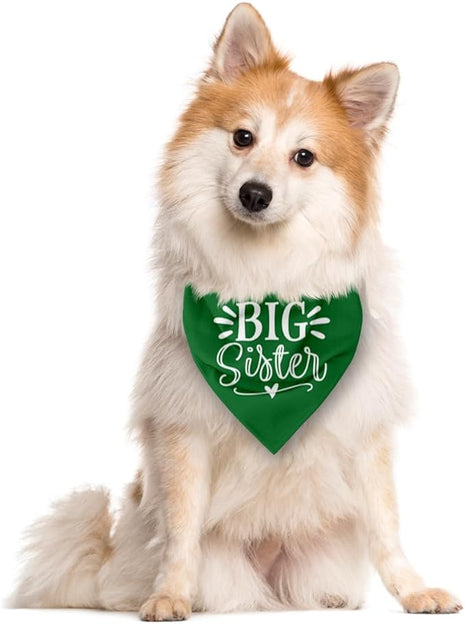 Big Sister Dog Bandana, Green, Triangle, 25 x 17 Inches, Flannel, Comfortable, Water Resistant, Geometric Pattern, Baby Shower, Unisex, Medium Dog Size, V-Neck, Machine Washable