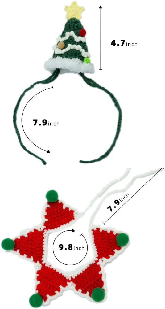 Christmas Cat Costume,Handmade Dog Outfit with Christmas Tree Cat Hat,Knitted Dog Bandana,Adjustable Fit Five-Pointed Star Clothes,Gifts for Dogs