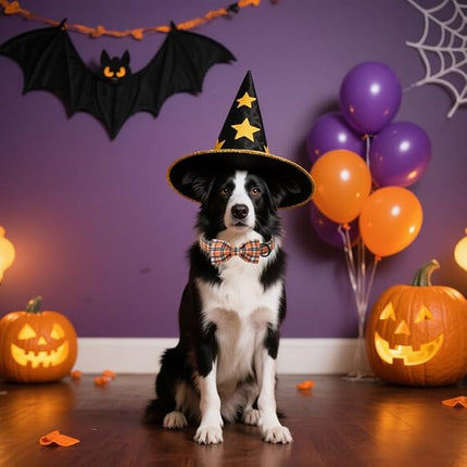 Lionet Paws Fall Halloween Dog Collar with Black Orange Grid, Cotton Thanksgiving Bowtie Collar, Light Adjustable Collars for Small Medium Large Dogs