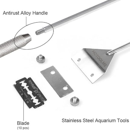 HOTOOLME Aquarium Scraper, 25.6" Stainless Steel Scraper Cleaning Razor with 10 Blades for Glass Aquarium Fish Tank