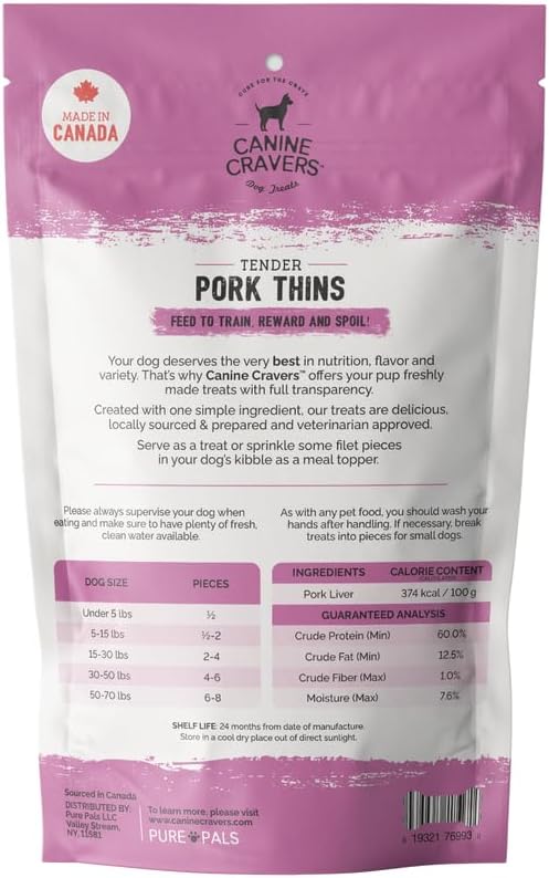 Canine Cravers Single Ingredient Dog Treats – Pork Thin Tenders - Human Grade Air Dried Hypoallergenic Pet Food – Grain, Gluten, and Soy Free – 100% All Natural - 5.3 oz