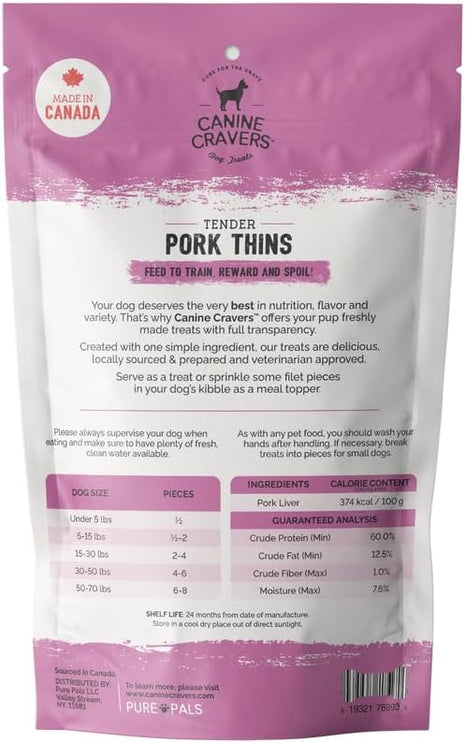 Canine Cravers Single Ingredient Dog Treats – Pork Thin Tenders - Human Grade Air Dried Hypoallergenic Pet Food – Grain, Gluten, and Soy Free – 100% All Natural - 5.3 oz