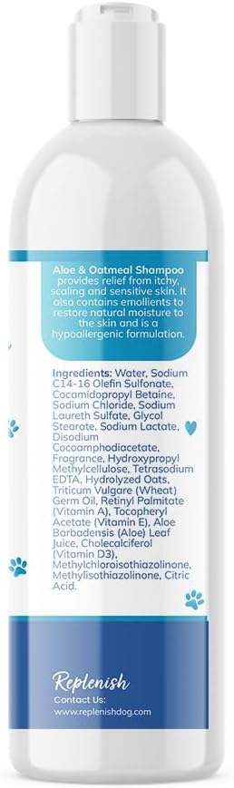 Replenish Aloe and Oatmeal Dog Shampoo - Hypoallergenic Pet Shampoo for Allergies & Sensitive Skin, Medicated Dog Shampoo for Itching Relief & Oatmeal Bath for Dogs Dry Flaky Skin Treatment – 12 Oz