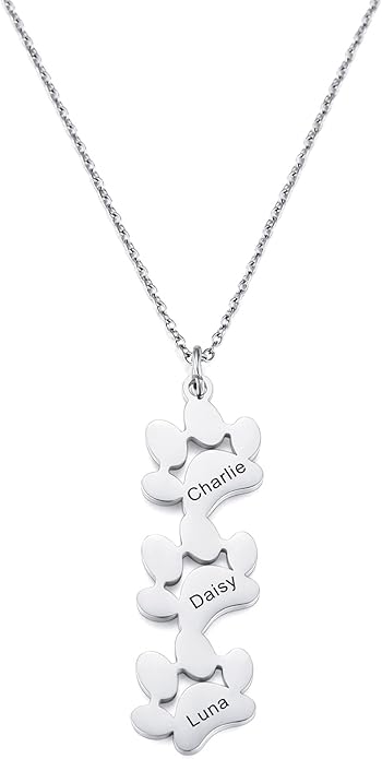 MeMeDIY Personalized Paw Print Necklace for Women Engraved Name Dog Paw Necklace Stainless Steel/925 Sterling Silver Paw Necklace Pet Memorial Necklace 1-4 Cat Paw Print Necklace