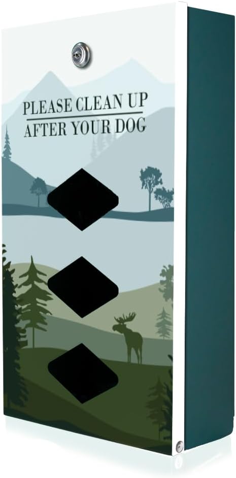 DISPENSE-ART™ collection "Mountain Landscape" - Custom UV printed design on rust-proof aluminum starter dog waste station/roll bag system - Includes 400 dog waste bags & 10x12 Sign