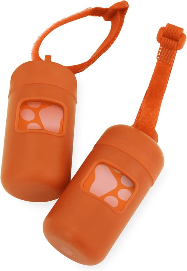 Best Pet Supplies Dog Poop Bag Holder Leash Attachment with 30 Bags, Reusable Dispenser for Travel, Walking, Park, and Outdoor Use, Durable with Clip-On - Orange, Pack of 2