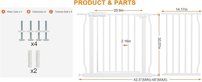 HOOEN Wide Baby Gates for Doorway Stairs Indoor Child Gate for Kid or Pet Dogs Walk Through Pressure Mounted Baby Gate 43.5-48 Inch Wide