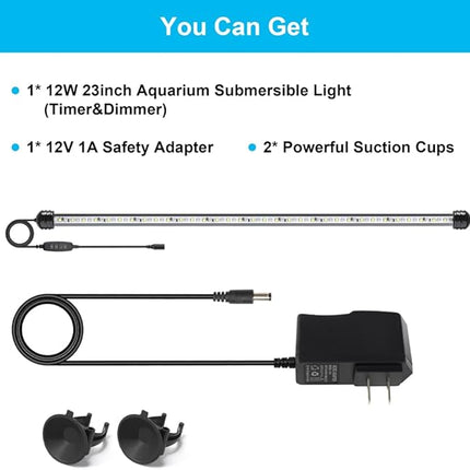 12W 23inch Submersible Aquarium Light Underwater Fish Tank Light LED Aquarium Light Bar with Timer Auto On/Off and Dimmer Adjustable Brightness, 1 Yr Warranty